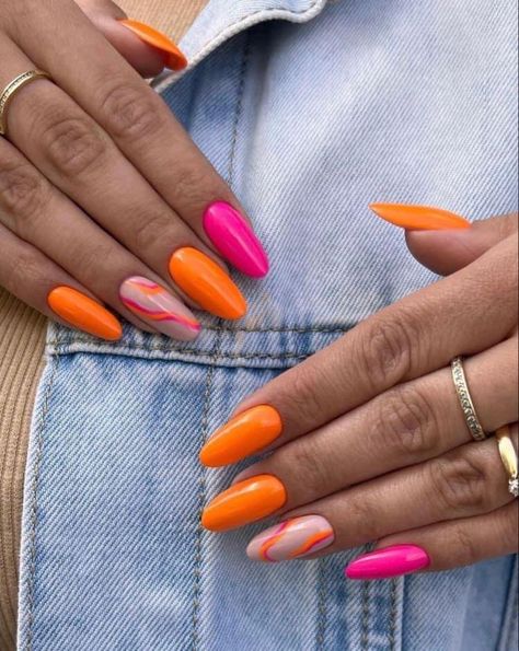 Orange And Pink Nails, Neon Orange Nails, Summer Nails 2023, Nailinspo Nailart, Nails Neon, Bright Summer Nails, Shaped Nails, Nails 2022, Short Almond