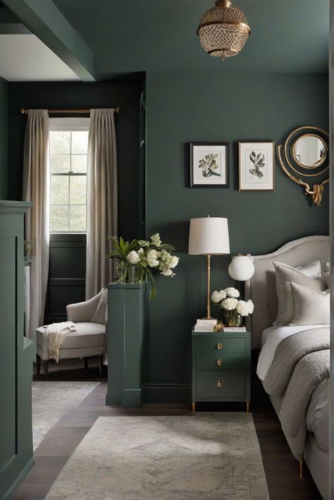 Newburg Green Bedroom, Vintage Bedroom Green Walls, Green Color Drenched Room, Green Paint Colors For Bedroom, Forest Green Accent Wall Bedroom, Green Paint Bedroom, Moody Green Paint Colors, Moody Green Living Room, Color Drenching Bedroom