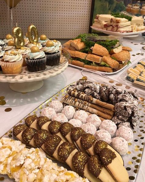 Lisa M. Pace on Instagram: "Made some yummy treats for my dad’s 80th birthday party." 60th Birthday Dessert Table Ideas, Party Food Menu, Coffee Birthday, Dessert Table Birthday, 75th Birthday Parties, 58th Birthday, 95 Birthday, Staff Party, Birthday Party Desserts