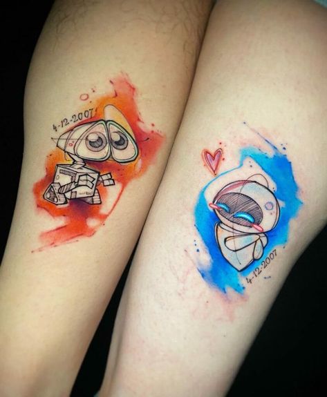 Disney Couple Tattoos, Skull Couple Tattoo, Walle Y Eva, Disney Inspired Tattoos, Marriage Tattoos, Couple Disney, Partner Tattoos, Best Couple Tattoos, Matching Friend Tattoos