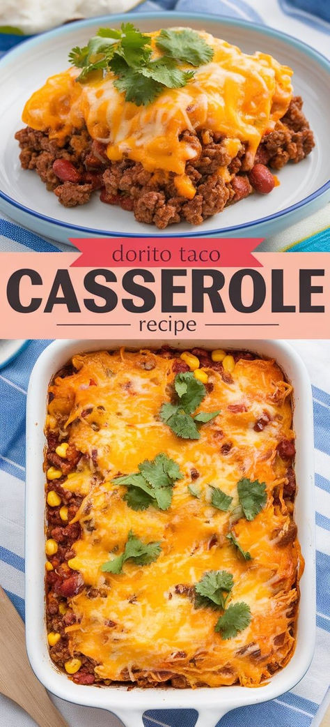 Layers of crispy Doritos, seasoned ground beef, and gooey cheese come together in this easy and delicious Dorito Taco Casserole – the ultimate weeknight meal! Taco Seasoned Ground Beef Recipes, Doritos Mexican Casserole, Ground Beef Dorito Casserole, Doritos Casserole With Ground Beef, Dorito Pie Recipe, Taco Casserole With Doritos, Taco Casserole Recipes, Taco Bake Casserole, Dorito Taco Casserole