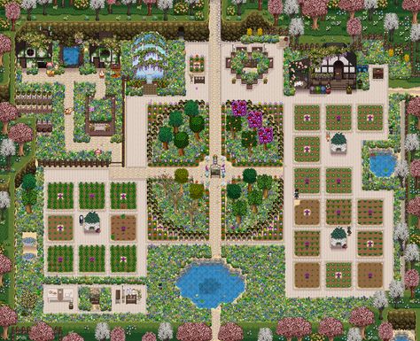 Stardew valley standard farm layout idea, hearts, aesthetic, garden, cottagecore, girly Meadowlands Farm, Stardew Layout, Farm Layouts, Stardew Ideas, Stardew Valley Farm, Cottagecore Farm, Stardew Farms, Stardew Valley Layout, Stardew Valley Tips