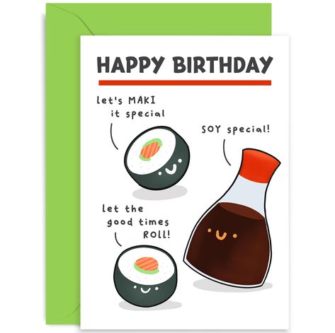 PRICES MAY VARY. 🎂 FUNNY BIRTHDAY CARD: The perfect happy birthday greeting card for celebrating them becoming another year older. Perfect to gift a son, daughter, sister, brother, mum, dad, auntie, uncle, nephew, niece, cousin, coworker, colleague, friend, man or woman. This design is sure to bring a smile to their face and is a wonderful way to celebrate a love ones birthday. ✨ SPECIAL MILESTONES: Find the perfect greeting card for family and friends. We have designs for any occasion. Find th Sushi Jokes, Sushi Birthday, Birthday Card For Men, Hilarious Birthday Cards, Food Jokes, Card For Men, Cards For Men, Birthday Card For Him, Sushi Roll