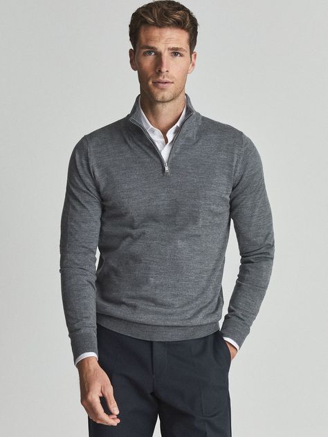 This Blackhall jumper is a luxurious layering option from Reiss.  Made from pure merino wool in a fine knit, the slim fit and zip-up funnel neckline make it perfect for wearing on its own with a tailored jacket or over tees and alongside jeans for a more casual style. Office Outfit Men, Business Casual Men Work, Dark Gray Suit, Smart Casual Men, Wool Jumper, Smart Trousers, Smart Casual Outfit, Business Casual Men, Tailored Jacket