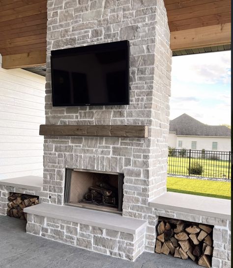 Walkout Basement Patio Fireplace, 2 Story Outdoor Fireplace, Outdoor Fireplace With Benches On Each Side, Adding Fireplace To Back Porch, Small Porch Fireplace, Outdoor Brick Fireplace Patio, Outdoor Chimney Fireplace Stone, Patio Fireplace With Tv, Outdoor Fireplace Hearth