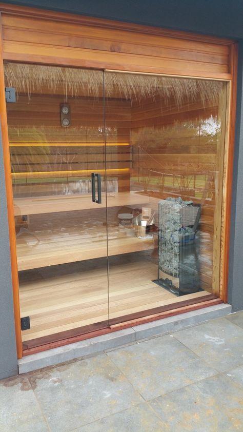 New sauna construction | SDS Australia Vinyl Cladding, Cedar Paneling, Timber Planks, Indoor Sauna, Window Glazing, Sauna Design, Finnish Sauna, Outdoor Sauna, Corrugated Metal