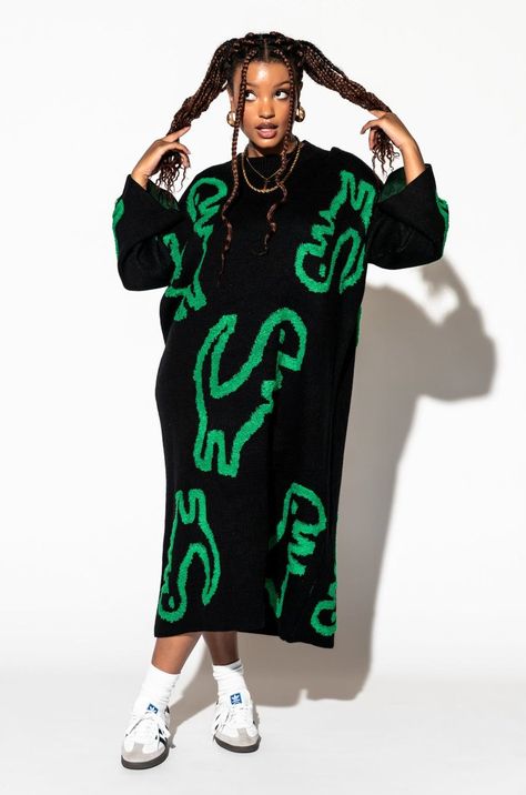 Rawr Means I Love You Oversized Knit Dress *RESTOCKED* Oversized Knit Dress, Satin Playsuit, Dressed In Lala, Dinosaur Dress, Green Dinosaur, Dinosaur Pattern, Oversize Knit, Sweater Collection, Knitted Poncho