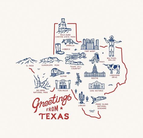 Apartment Girly, Maps Aesthetic, Visual Map, Cowboy Aesthetic, Texas Map, Postcard Design, Illustrated Map, State Map, Road Trip Usa