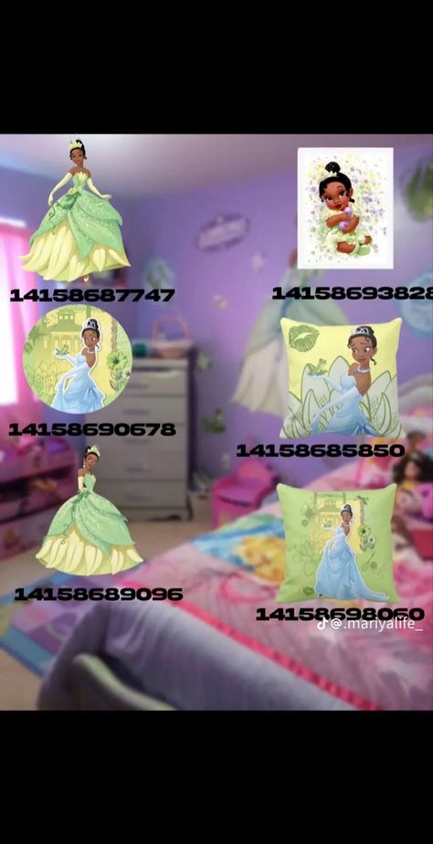 Moana Decal Codes Bloxburg, Princess Tiana Decal Codes Bloxburg, Princess Tiana Bedroom, Tiana Decals Bloxburg, Bloxburg Disney Decal Codes, Berry Avenue Codes Black People, Baby Room Decals, Modern Decals, Baby Decals