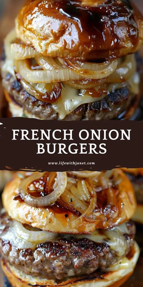 French Onion Burgers French Onion Burgers, Onion Burgers, Ground Chuck, French Onion, Onion Soup, Melted Cheese, Caramelized Onions, Onions, Twist