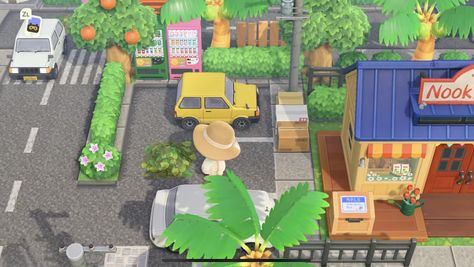 Nooks Cranny Parking Lot Acnh, Town Hall Animal Crossing Ideas, Shopping District Acnh, Shopping District Animal Crossing, Acnh City Core, Animal Crossing Shopping District, Acnh Shopping District, Acnh Citycore, City Core