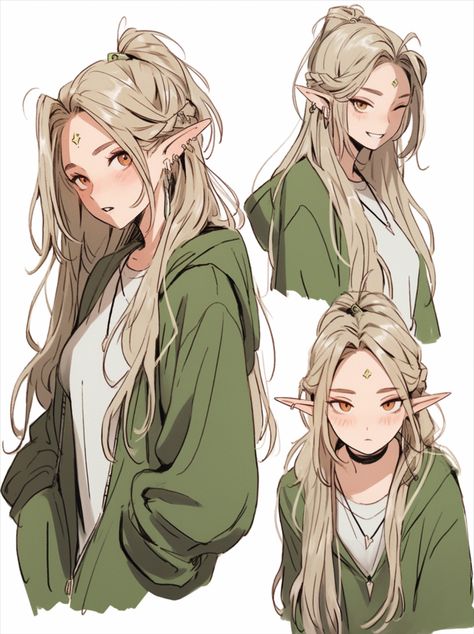 blonde, long hair, elf ears, green Elf People Drawings, Anime Elf Sketch, Elf Clothing Aesthetic, Anime Girlies Elf, Drawn Hairstyles Character Design, Elf Ear Reference Drawing, Female Elf Hairstyles, High Elf Hairstyles, Wood Elf Drawing