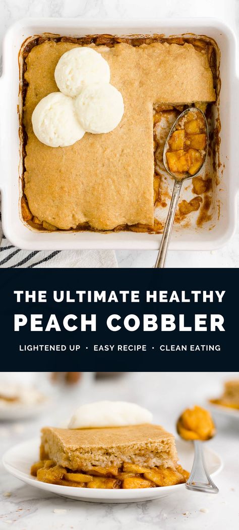 This is the BEST peach cobbler recipe I’ve ever made! And it’s EASY to whip up! Sweet, juicy peaches with a soft & buttery topping. (No oats!) This healthy peach cobbler is lightened up, low calorie, egg free & clean eating with no refined sugar. Perfect for summer & backyard BBQs! Easy peach cobbler recipe. Healthy peach cobbler clean eating. Easy healthy peach cobbler. Peach cobbler with fresh or canned peaches. Easy peach dessert recipe. Healthy Peach Cobbler Clean Eating, Healthy Peach Cobbler, Good Peach Cobbler Recipe, Peach Desserts Easy, Fresh Peach Recipes, Cobbler Easy, Easy Peach Cobbler Recipe, Peach Dessert Recipes, Brownie Recipes Healthy