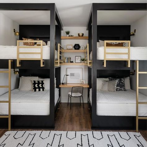 Black And White Bunk Room, Double Bunk Room, Small Bunk Room Ideas Space Saving, Small Bunk Room, Bunk Beds Bedroom, Boys Bedroom Bunk Beds, Lake House Bunk Rooms, Modern Bunk Bed, Room With Bunk Beds