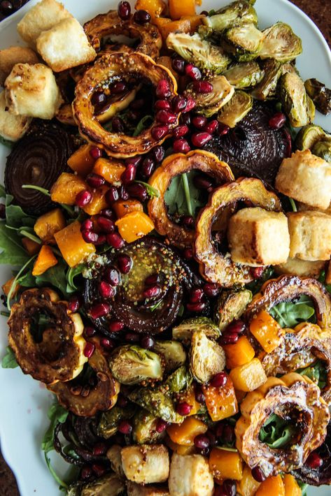 Arugula and Roasted Autumn Vegetable Salad with Crispy Baked Tofu - Heather Christo Fall Green Vegetable Recipes, Meal Salads, Autumn Dishes, Crispy Baked Tofu, Vegetable Salads, Fall Meals, Vegetarian Mains, Green Meals, Thanksgiving 2024