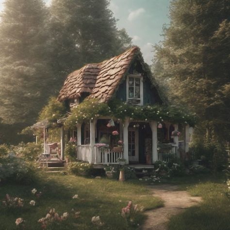 A dreamy cottage house with pink flowers Cottage Reference Photo, Goblincore Cottage, Cottagecore House Exterior, Farmcore Aesthetic, Tea Cottage, Cottage Party, Dreamy Cottagecore, Cottagecore House, Art Core