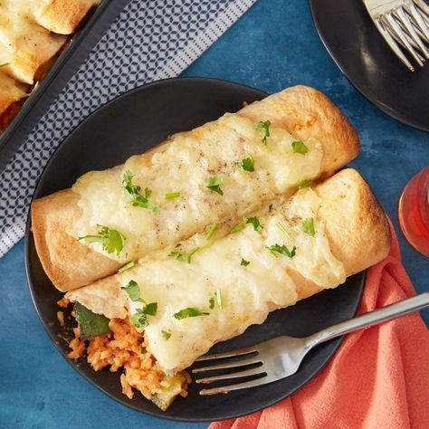 Recipe: Summer Squash Enchiladas with Creamy Lime-Tomato Rice - Blue Apron Enchiladas With White Sauce, Squash Enchiladas, Blue Apron Recipes, Tomato Rice, Macaroni Recipes, Hello Fresh Recipes, Meal Kits, Yellow Summer Squash, Mexican Spices