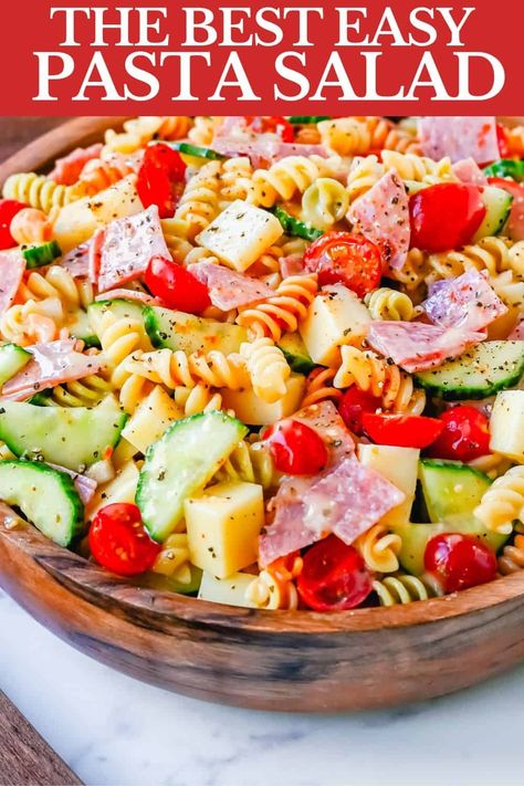 Easy Pasta Salad. This Quick and Easy Pasta Salad Recipe is made with pasta, fresh vegetables, cheese, salami, all tossed with a secret ingredient and Olive Garden Italian dressing. It is the best pasta salad recipe and the most flavorful side dish. Salad Recipes Cold, Perfect Pasta Salad, Pasta Salad Recipes With Olive Garden Dressing, Pasta Salad Recipes For Bbq, Olive Garden Italian Dressing Pasta, The Best Pasta Salad Recipes, Olive Garden Dressing Pasta Salad, Quick Pasta Salad Recipes, Pasta Salad With Olive Garden Dressing