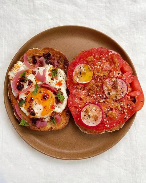 Heirloom Tomato Toast, Basil Eggs, Red Onion Pickled, Tomato Bagel, Pickled Mustard Seeds, Egg On Toast, Tomato Toast, Pickled Red Onion, Pork Floss