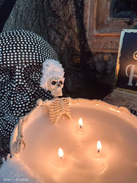 Skeleton Bathtub, Skeleton Decorations Outdoor, Candles Bathtub, Skeleton Poses, Outdoor Skeleton, Halloween Candles Diy, Hanging Centerpiece, Halloween Themed Food, Halloween Skeleton Decorations