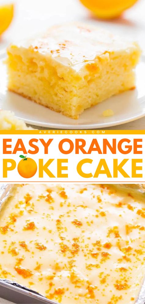 Give this fresh fruit recipe a try! Your summer dessert ideas must have this easy orange juice cake. Super soft and moist with a honey-orange glaze, this orange poke cake from scratch is the BEST way to get your Vitamin C! Orange Soaked Cake, Honey Orange Cake, Orange Poke Cake With Orange Juice, Orange Poke Cake Recipes, Recipes Using Orange Juice, Orange Glaze Icing, Recipes With Orange Juice, Orange Cake Icing, Orange Poke Cake