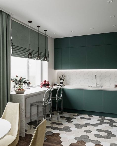 Kitchen Room Bathroom Wood, Bathroom Wall Decor Art, Modern Kitchen Interiors, Green Cabinets, Kitchen Dinning, Kitchen Room Design, Kitchen Inspiration Design, Kitchen Furniture Design, Green Kitchen