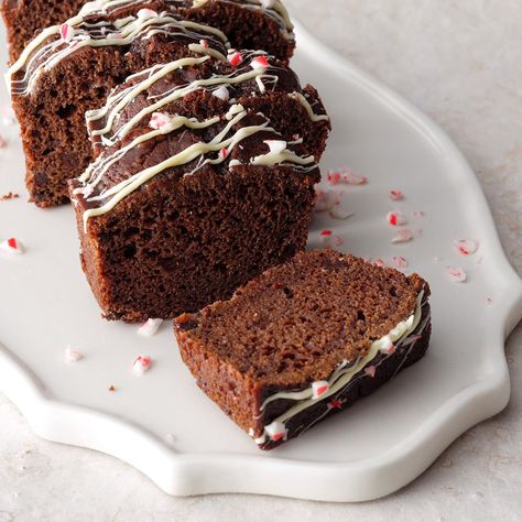 Having a bunch of leftover candy canes after the holidays inspired me to use them up by adding them to a chocolate bread. Coffee and cocoa intensify the flavor. —Shelly Platten, Amherst, Wisconsin Mini Loaf Cakes, Recipes For Christmas, Mini Loaves, Holiday Bread, Christmas Bread, Pumpkin Chocolate Chip Bread, Cranberry Bread, Baking Cocoa, Minty Fresh