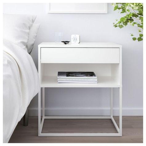 VIKHAMMER Nightstand - white - IKEA Design Ložnic, High Beds, Ikea Bedroom, Прикроватные Тумбочки, White Bedside Table, Painted Drawers, White Nightstand, Ikea Furniture, White Bedroom