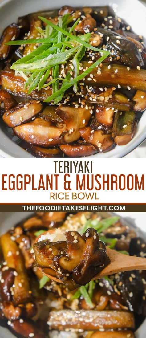 Teriyaki Eggplant and Mushroom Rice Bowl Eggplant Bowl Recipe, Mushroom Eggplant Recipes, Teriyaki Eggplant Recipes, Eggplant Mushroom Recipes, Eggplant And Mushroom Recipes, Asian Mushroom Recipes, Eggplant And Rice Recipes, Eggplant And Rice, Eggplant Recipes Vegan