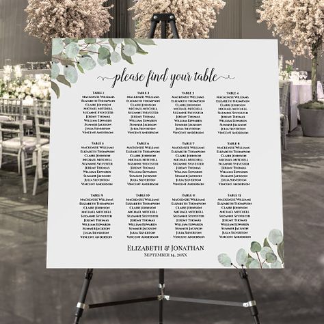 $52.60 | Eucalyptus Leaves 12 Table Wedding Seating Chart #12 table wedding seating chart, 120 names guests or people, traditional 10 seats per table, rustic backyard country garden botanical, sprigs of eucalyptus leaves, sage green foliage and greenery, bohemian chic style, names of couple and date, hand painted watercolor, elegant script calligraphy title Backyard Country, Rustic Backyard, Sage Wedding, Script Calligraphy, Bohemian Chic Fashion, Greenery Wedding Invitations, Table Wedding, Eucalyptus Leaves, Seating Chart Wedding