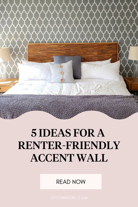 Do you need to add some personality to your apartment? Try a renter-friendly accent wall! Here are 5 simple and affordable ideas. Renter Friendly Bedroom, Renter Friendly Accent Wall, Safe Wallpaper, Renter Friendly Decorating, Apartment Decorating Hacks, Affordable Curtains, Bedroom Upgrade, Accent Wall Bedroom, Faux Brick