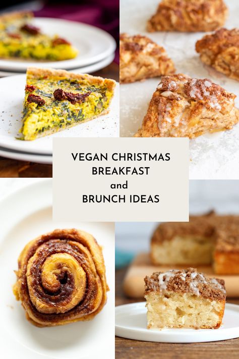 Collage of Vegan Christmas breakfast options Vegan Christmas Brunch, Vegan Christmas Breakfast, Christmas Breakfast Brunch, Savory Brunch, Pan Pancakes, Cake Cinnamon, Christmas Brunch Recipes, Christmas Breakfast Recipe, Sweet Potato Cinnamon