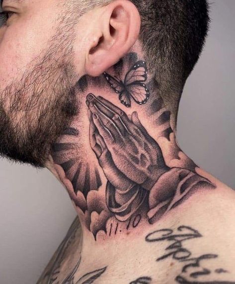 Cool Face Tattoos, Cross Tattoo Neck, Full Neck Tattoos, Praying Hands Tattoo, Small Neck Tattoos, Stomach Tattoos Women, Side Neck Tattoo, Lion Tattoo Sleeves, Throat Tattoo