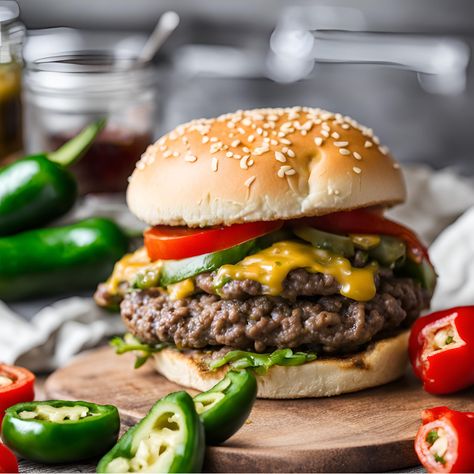 Cheeseburger Recipes, Jalapeno Aioli, Jalapeno Burger, Creamy Jalapeno, Cheeseburger Recipe, Crispy Hashbrowns, Pickled Jalapeño, Beef Patties, Red Onion Salad