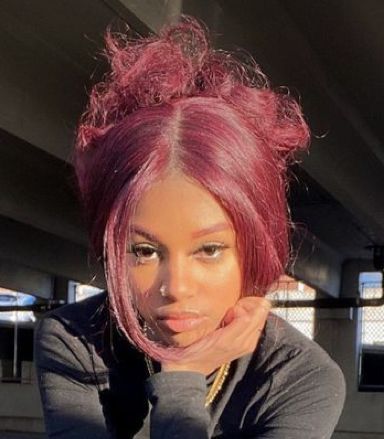 Brown And Pink Hair Black Women, Black Girls With Dyed Hair, Pink 4c Hair, Pink Hair Brown Skin, Pink Hair On Brown Skin, Pink Hair Dark Skin, Cherry Pink Hair, Red Updo, Pink Hair Black Women