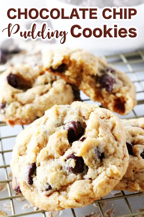 Vanilla Pudding Cookies with Chocolate Chips and Oats are the softest, chewiest cookies ever! #puddingcookies #chocolatechipcookies #cookies #vanillapudding #chocolatechipoatmealcookies #bestcookierecipes #cookierecipes Chocolate Chip Cookies With Pudding, Cookies With Pudding, Vanilla Pudding Cookies, Oatmeal Pudding, Peanut Butter Oatmeal Chocolate Chip, Peanut Butter Oatmeal Chocolate Chip Cookies, Chips Chips, Cookies With Chocolate Chips, Cookies Oatmeal