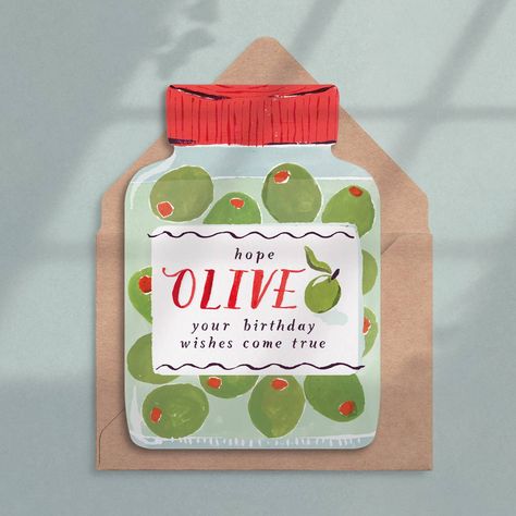 This olives birthday card is the perfect treat for a lover of the briny snack - whether as a garnish in a martini or on a charcuterie board. The uniquely-shaped birthday card is cut into the shape of the olive jar, with the card’s pun caption “hope olive your birthday wishes come true” on the jar label. The olive birthday card is blank on the inside, offering your customers plenty of space to pen a birthday message before placing inside the supplied recycled kraft envelope. Both the card and envelope are recyclable and made from papers from certified sustainable forests. This design is part of the Peony collection of uniquely shaped greeting cards. Birthday card with 100% recycled kraft envelope. Blank inside. 350gsm FSC-certified card from sustainable sources. Illustrated in London and ma Birthday Cards Illustration, Cool Diy Birthday Cards, Graphic Design Birthday Card, Pickle Birthday Card, Birthday Card Painted, Cute Greeting Card Ideas, Birthday Notes, Birthday Card Graphic Design, Cute Birthday Card Ideas For Mom