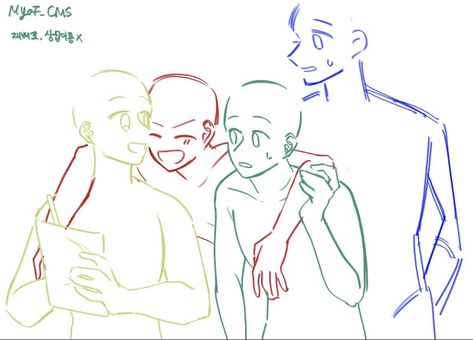 Squad Pose Reference Drawing, 4 Friends Poses Drawing Reference, Group Poses Drawing 3 People, Body Base Drawing 4 Friends, Anime Four Friends Group, Four Friend Group Drawing, Drawing Poses Friend Group, Anime Poses Reference 4 People, Friend Group Pose Reference Drawing