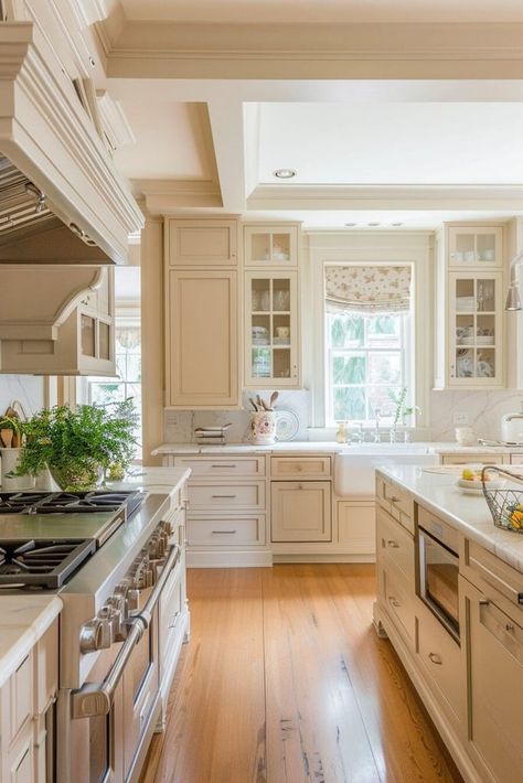 19 Beige Kitchen Ideas That Will Make You Ditch Your Whites and Greys Beige Farmhouse Kitchen, Traditional Cream Kitchen, White And Cream Kitchen Ideas, Kitchen Ivory Cabinets, Light Brown Kitchen Cabinets Color Schemes, Kitchen Cabinets Off White, Warm Beige Kitchen, Cream Farmhouse Kitchen, Beige Kitchen Cabinets Modern