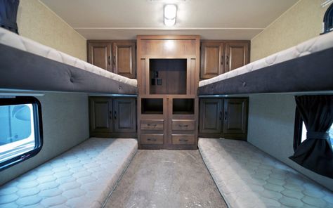 How to Get Amazing Sleep with an RV Mattress Rv Bunkhouse, Rv Bunk Beds, Travel Trailer Interior, 4 Bunk Beds, Bunkhouse Travel Trailer, Rv Mattress, Rv Furniture, Rv Travel Trailers, Trailer Interior