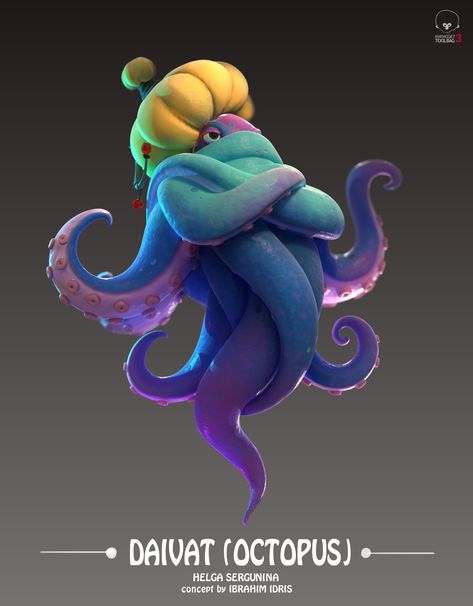 ArtStation - Daivat (octopus), Helga Sergunina Octopus Character Design, Stylized Octopus, Stylized Texture, Octopus Cartoon, Underwater Cartoon, Octopus Illustration, Octopus Art, Cartoon Monsters, Game Concept Art