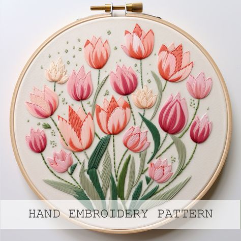 Tulip Embroidery Pattern, Embroidery Flowers Pattern Templates, Water Soluble Paper, Garden Embroidery, Beginner Embroidery, Tulips Garden, Embroidery Diy, Yellow Tulips, Cut It Out