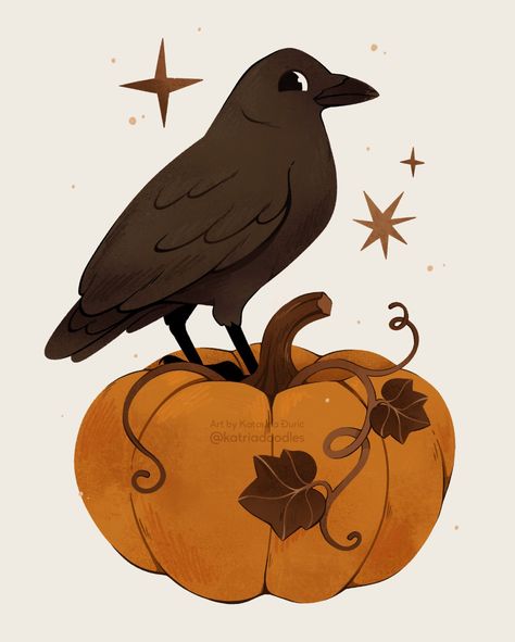 Crow Drawings, Crows Drawing, Caw Caw, Pumpkin Illustration, Catty Noir, Autumn Illustration, Halloween Illustration, Halloween Drawings, Arte Fantasy