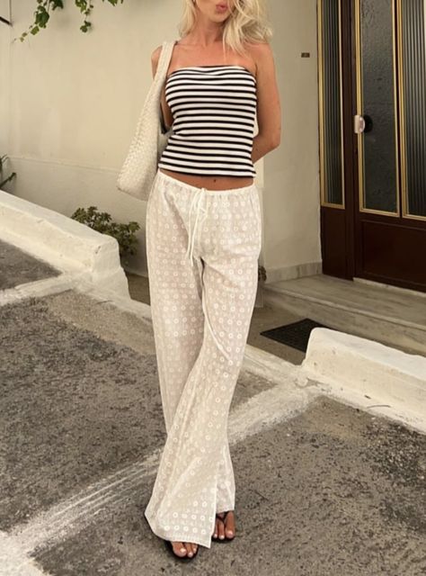 Glassons Outfits, Summer Aesthetic Night, It Girl Summer, Eyelet Pants, Fashion Week Outfit Ideas, Lounge Trousers, Outfits 2000s, European Summer Outfits, Daily Outfit Inspiration