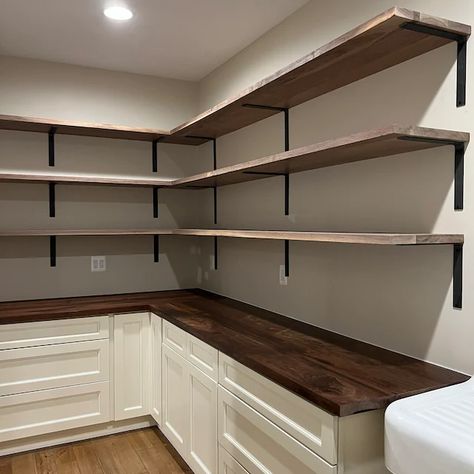 Rustic Floating Pantry and Kitchen Shelving - Stylish Storage Solution for your Culinary Space! #handmadebrackets #farmhousedecor #kitchenshelving #kitchenstorage #modernfarmhouseinterior #homeaccents # Walk In Pantry Ideas, Pantry Closet Design, Pantry Layout, Shelving Brackets, Kitchen Shelving, Minimalist Shelves, Pantry Remodel, Pantry Shelving, Pantry Closet