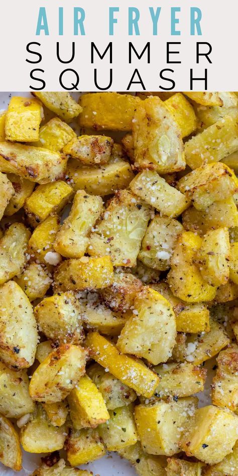 This easy Air Fryer Squash recipe is ready in just 10 minutes! Fresh yellow squash is tossed in olive oil, spices, and parmesan and air fried until it is crispy on the outside and tender on the inside! Yummy Squash Recipes, Squash And Parmesan Recipes, Air Fryer Fried Squash Recipes, Air Fryer Fried Yellow Squash Recipes, Grilled Veggies In Air Fryer, Skillet Squash Recipes, Easy Healthy Squash Recipes, Garden Yellow Squash Recipes, Air Fried Summer Squash