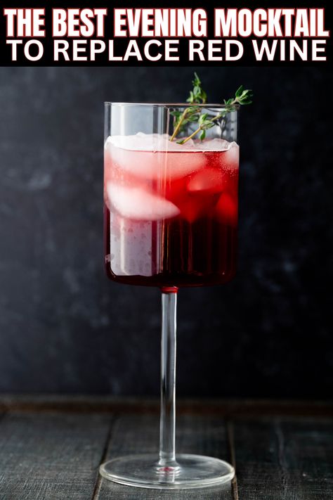 The Best Evening Mocktail to replace Red Wine - this mocktail is delicious, healthy and functional (basically everything wine isn't).  It contains valerian tea, tart cherry juice  and a splash of sparkling water.  It looks gorgeous in a wine glass and you'll love sipping on it at bedtime! Apothekary Wine Down Recipes, Mocktails Non Alcoholic Wine, Wine Alternative Drinks, Wine Grape Recipes, Wine Mocktail Recipe, Red Mocktail Recipe, Cherry Juice Mocktail Recipe, Cherry Mocktail Recipe, Red Drinks Non Alcoholic