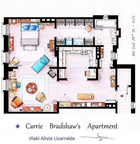 Always loved the layout of this apartment.  Website also has Friends, Golden Girls, etc. layouts. Carrie Bradshaw Apartment, Floor Plan Sketch, Friends Apartment, Mini Loft, Tv Home, Apartment Floor Plan, Apartment Floor Plans, The Golden Girls, Apartment Layout