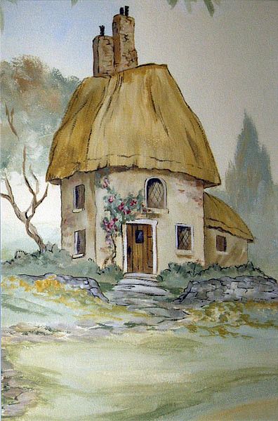 Peter Rabbit cottage | This is more of the Peter Rabbit mura… | Flickr Peter Rabbit Illustration, Beatrix Potter Illustrations, Beatrice Potter, Peter Rabbit And Friends, Rabbit Illustration, Storybook Cottage, Potter Art, Cottage Art, Thatched Roof