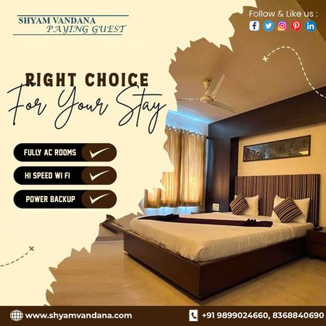 Looking for the perfect place to stay? Look no further than Shyam Vandana PG! 🏡 We've got it all covered with modern amenities to make your stay comfortable: 🌬️ Fully AC Rooms 📶 High-Speed Wi-Fi 🔌 Power Backup 🌀 Ceiling Fan 🍳 Induction Gas Stove Stay with us and experience comfort like never before. Book your stay today! . . #ShyamVandanaPG #ModernAmenities #FullyFurnished #payingguest #pg #hostel #studentaccommodation #noidacity #boyshostel #shyamvandanapg #PGinnoida #boyspginnoida Creative Hotel Ads Ad Campaigns, Resorts Creative Ads, Hotel Advertising Design Poster, Hotel And Resort Creative Ads, Resort Ads Design, Hotel Marketing Ideas Social Media, Hotel Instagram Post Design, Hotel Promotion Ideas, Hotel Room Social Media Post